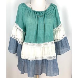 Kaktus Peasant Boho Gauzy with 3/4 Bell Sleeve Top size Large